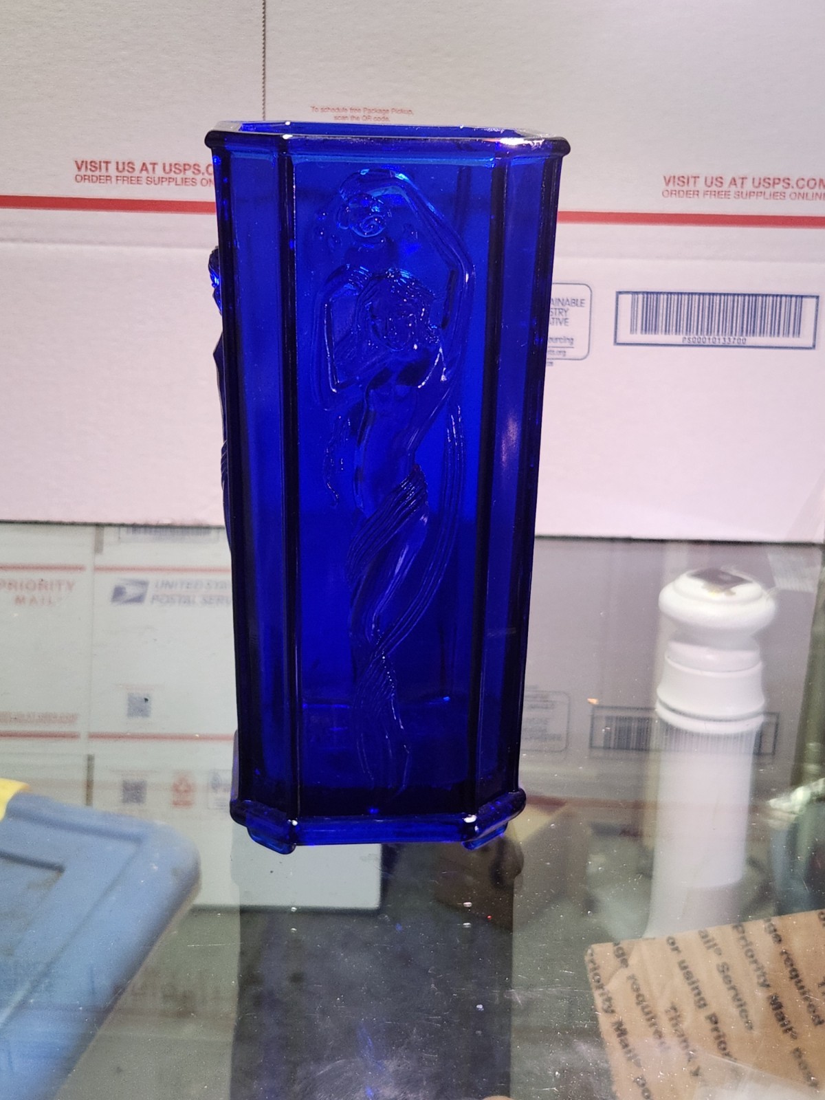 Vintage 1984 Sarsaparilla Deco Designs Cobalt Blue Nude Lady Art Glass Vase