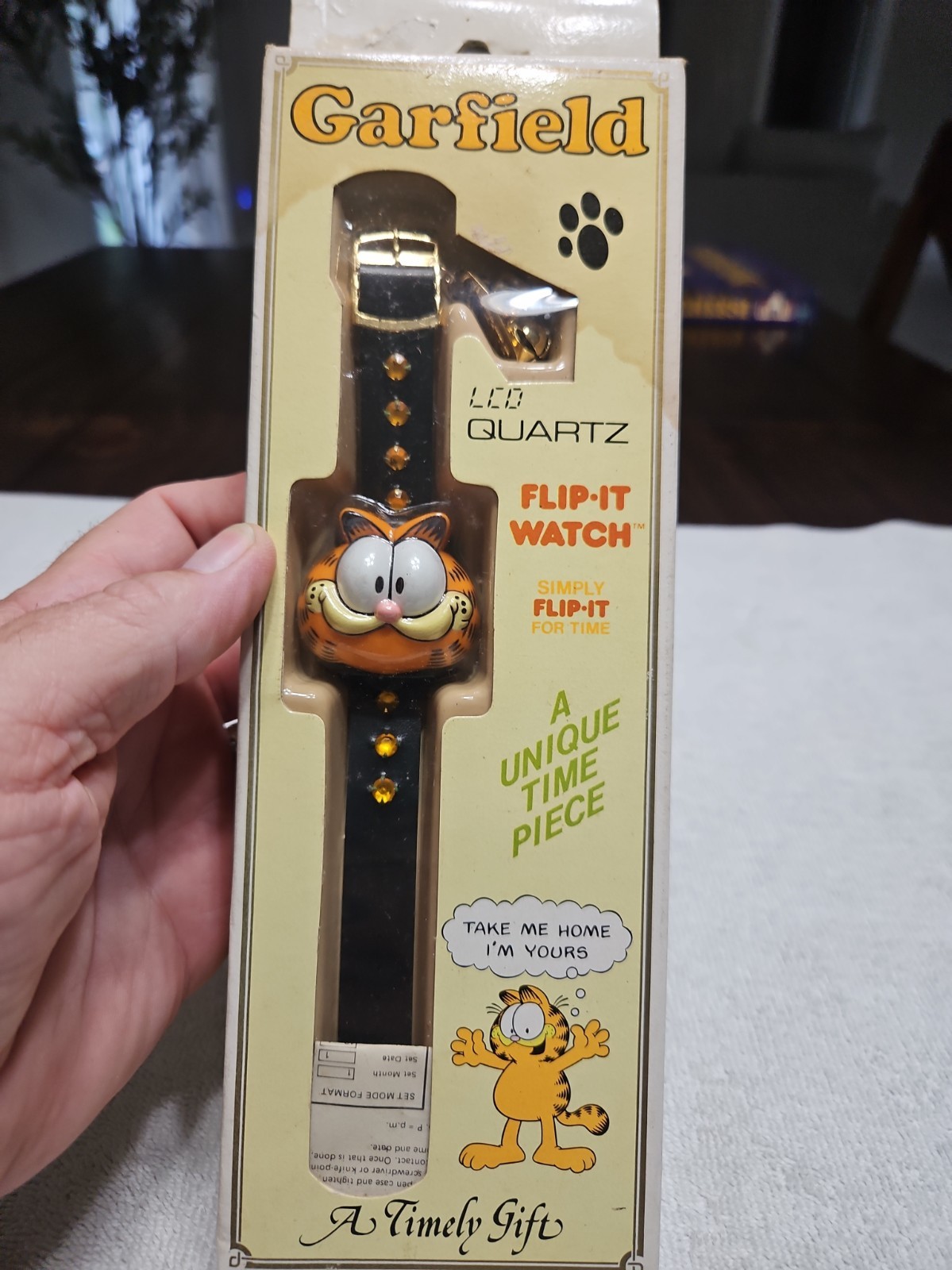 Garfield Flip-It Quartz Watch Black Leather Strap Gold Case w/ Box BC
