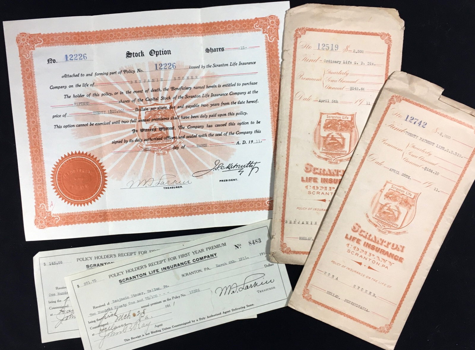 Lot of 1911 Scranton Life Insurance Company Pennsylvania Certificate & Documents