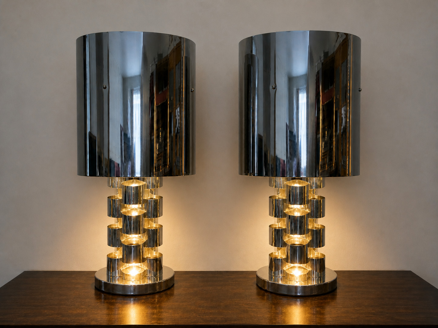 2 Vintage Curtis Jere Chrome Skyscraper Table Lamps Pair Mid Century Modern
