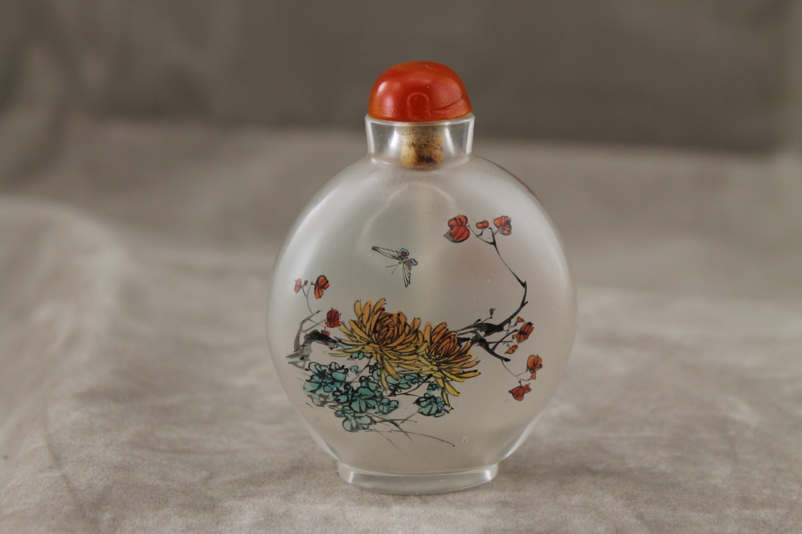 Vintage Frosted Butterflies & Flowers Reverse Painted Snuff Bottle