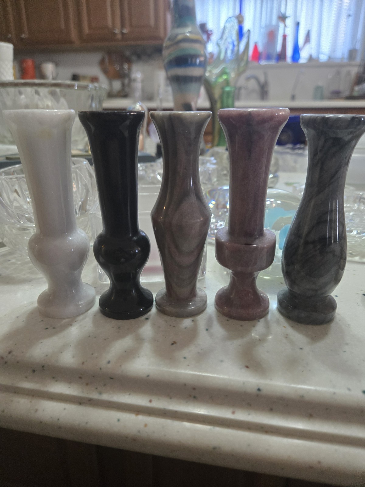 Vintage Turned Marble Bud Vase Lot of 5 Multi Color Stone Onyx Alabaster 4.5\ Vintage Turned Marble Bud Vase Lot of 5 Multi Color Stone Onyx Alabaster 4.5\