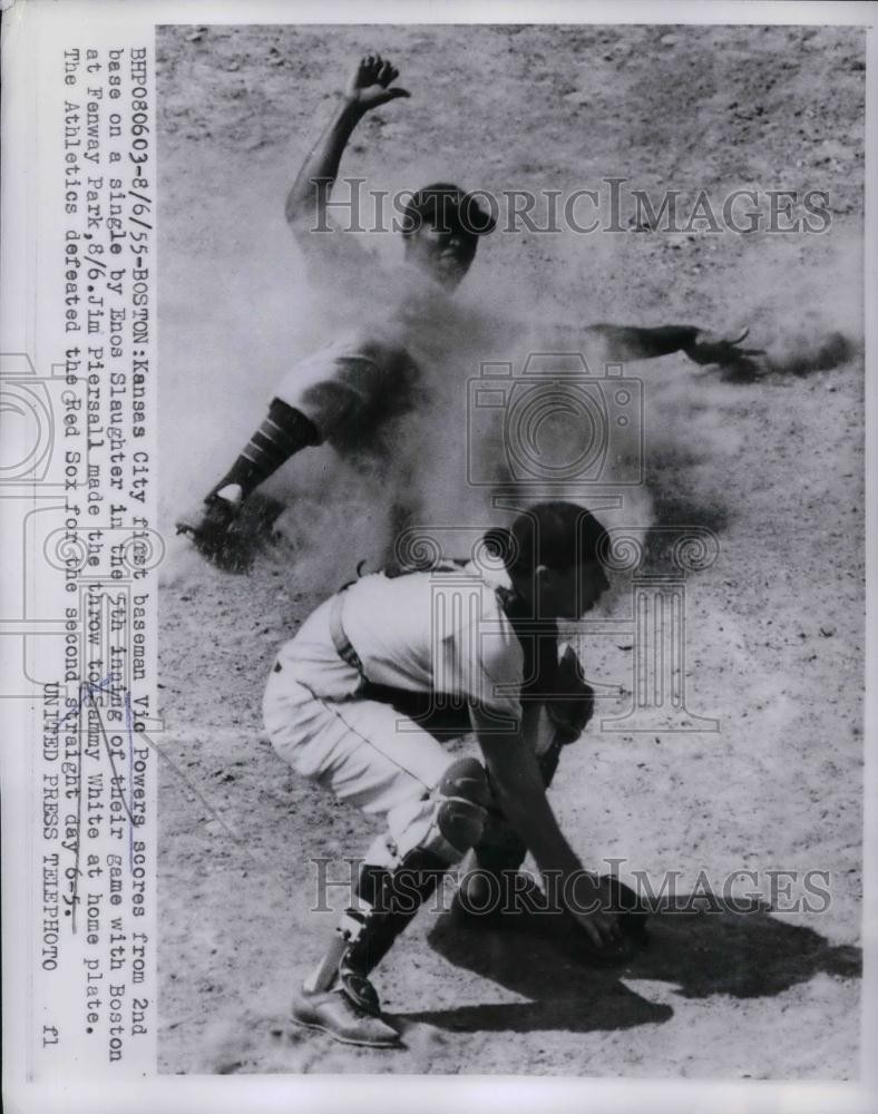 1955 Press Photo Kansas City Vic Powers Slides Home Past Sammy White Of Boston 1955 Press Photo Kansas City Vic Powers Slides Home Past Sammy White Of Boston