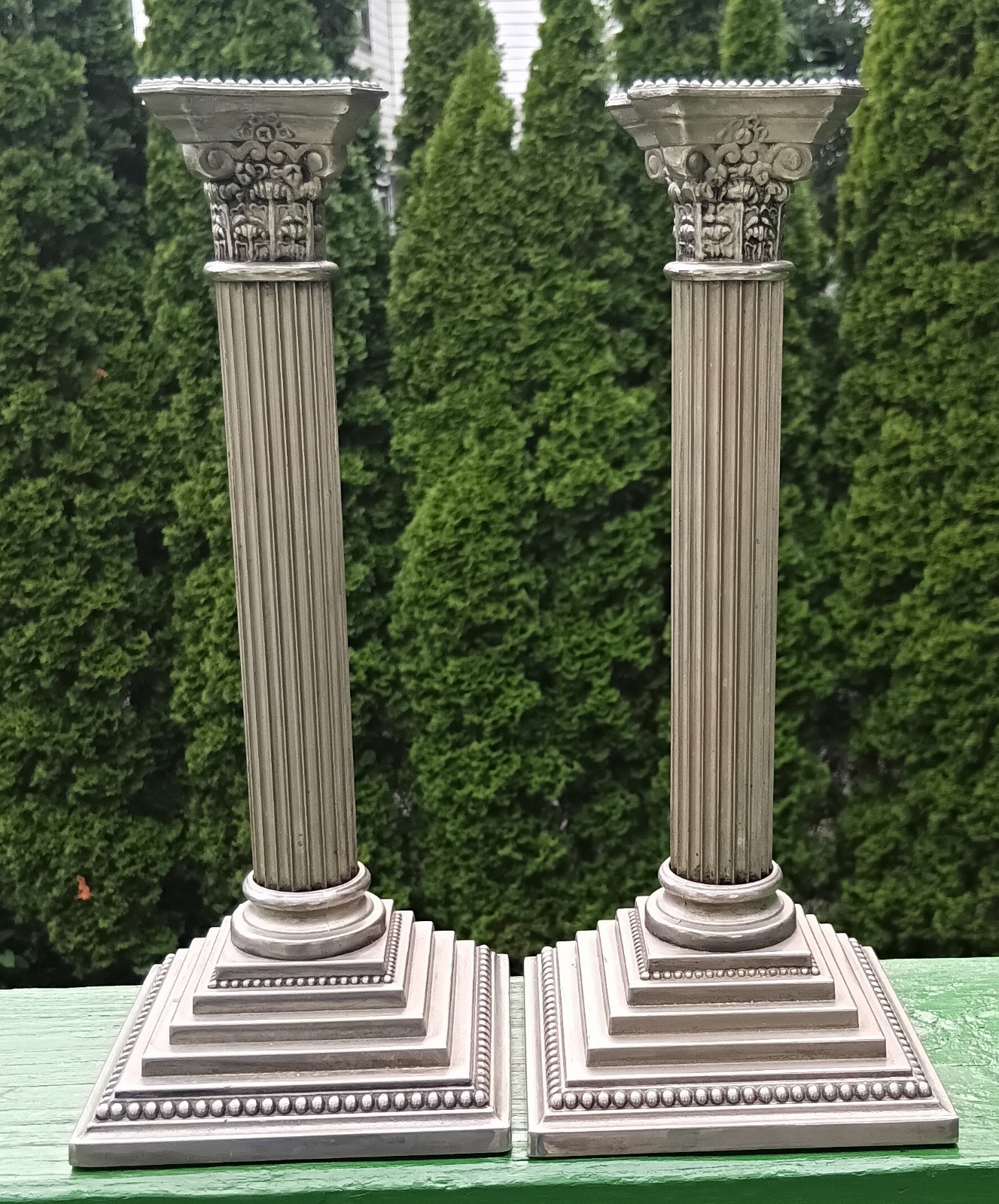 PAIR OF ANTIQUE STYLE CORINTHIAN COLUMN MOTIF SILVERPLATE CANDLE HOLDERS