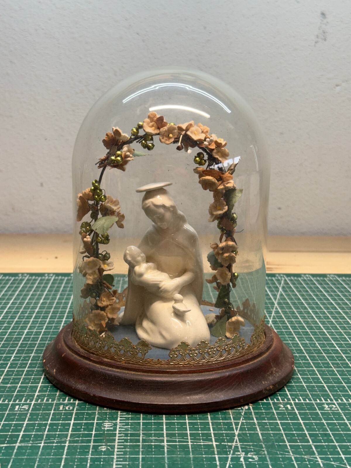 Vintage Handmade Porcelain Nativity Figurine Under Glass Dome with Floral Arch