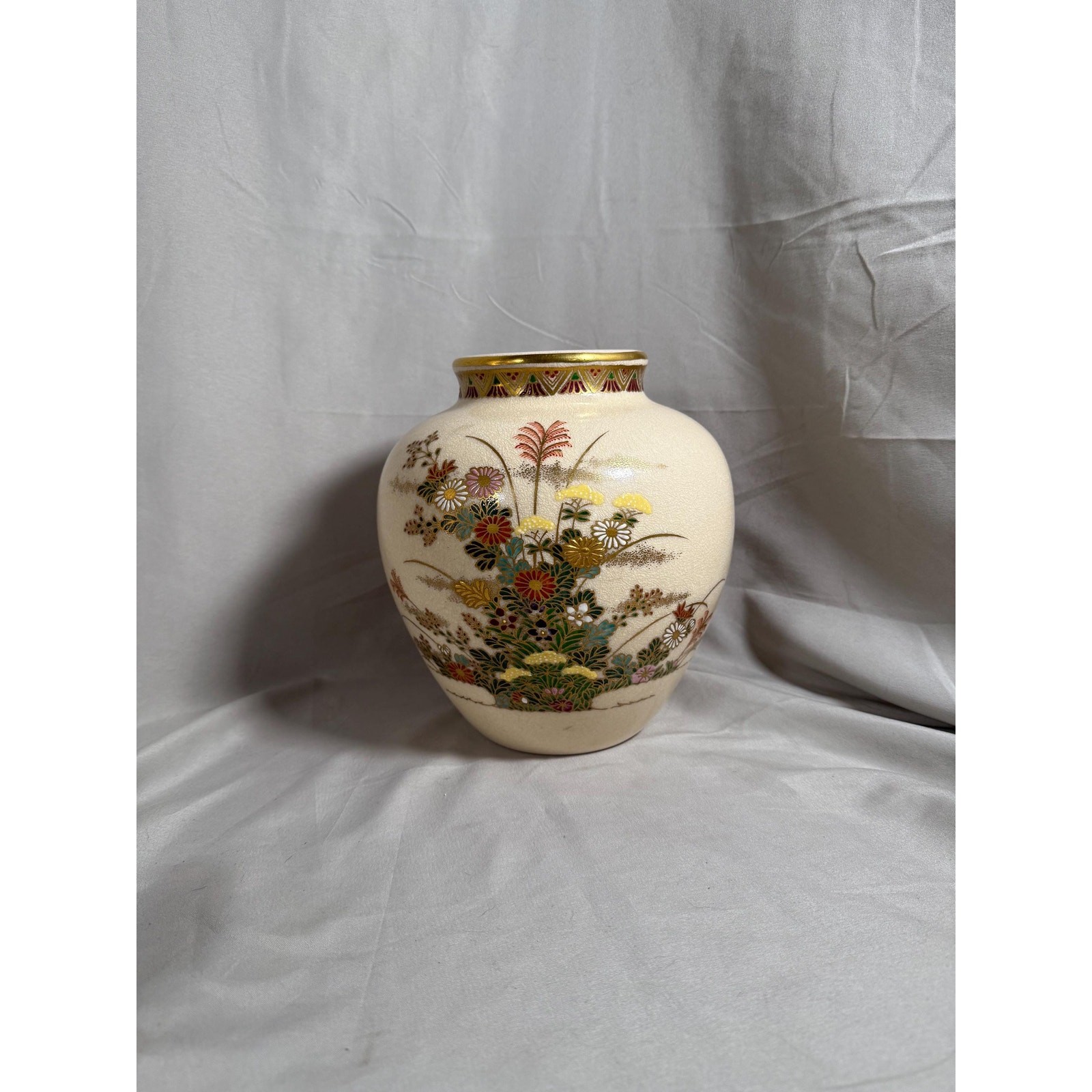 Japanese Satsuma Ware Porcelain Vase with Floral Design and Gold Trim
