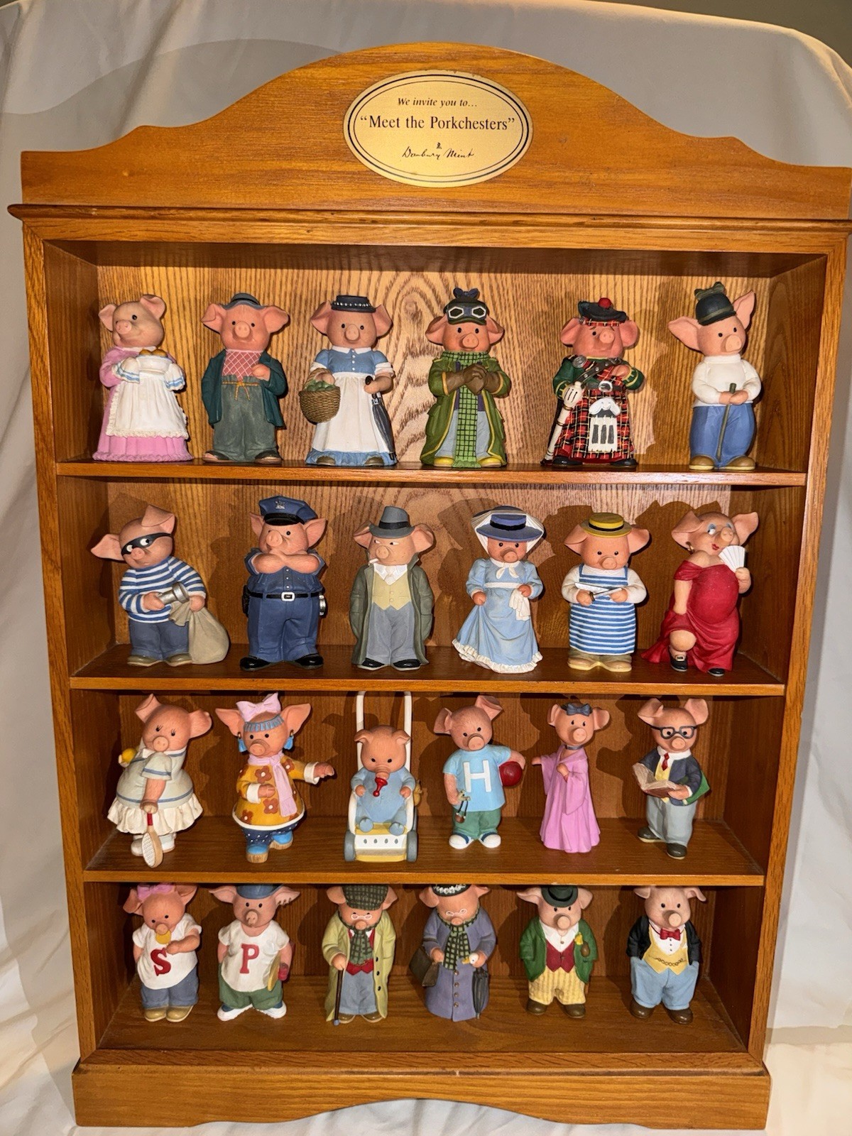 Meet the Porkchesters Pig Figurine Set with Wooden Display Shelf