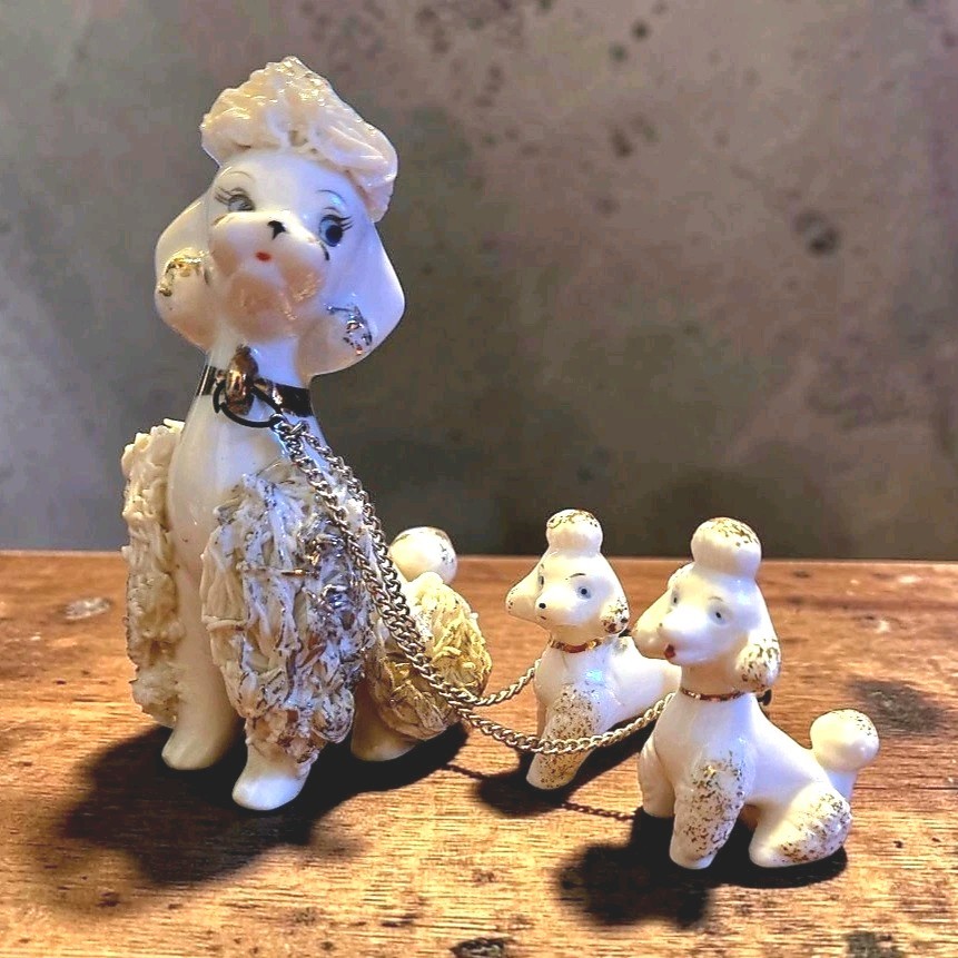 Vintage Lefton White Spaghetti Poodle Family Figurine Set Mom & 2 Pups C-5898