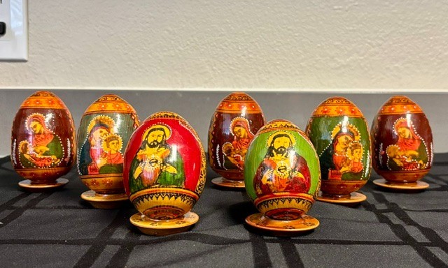 7 Vintage Russian Lacquered Wood Eggs- Orthodox Religious Church w/Stand