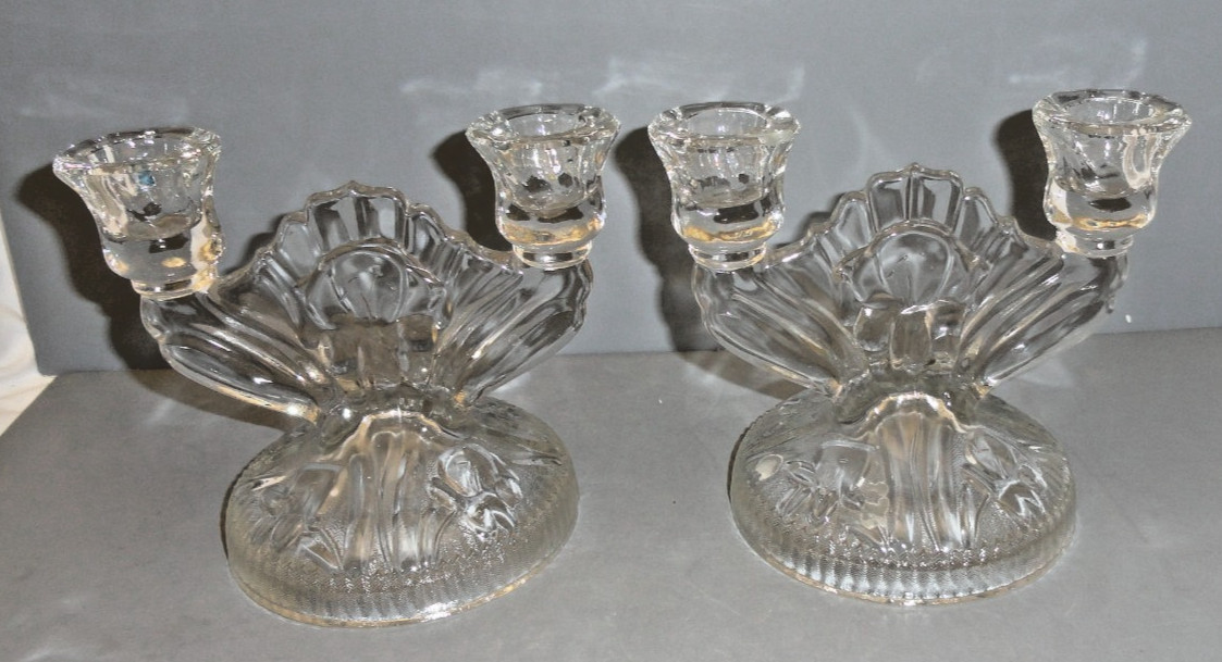 Pair of Jeanette Glass Double Candle Holders Iris and Herringbone Clear