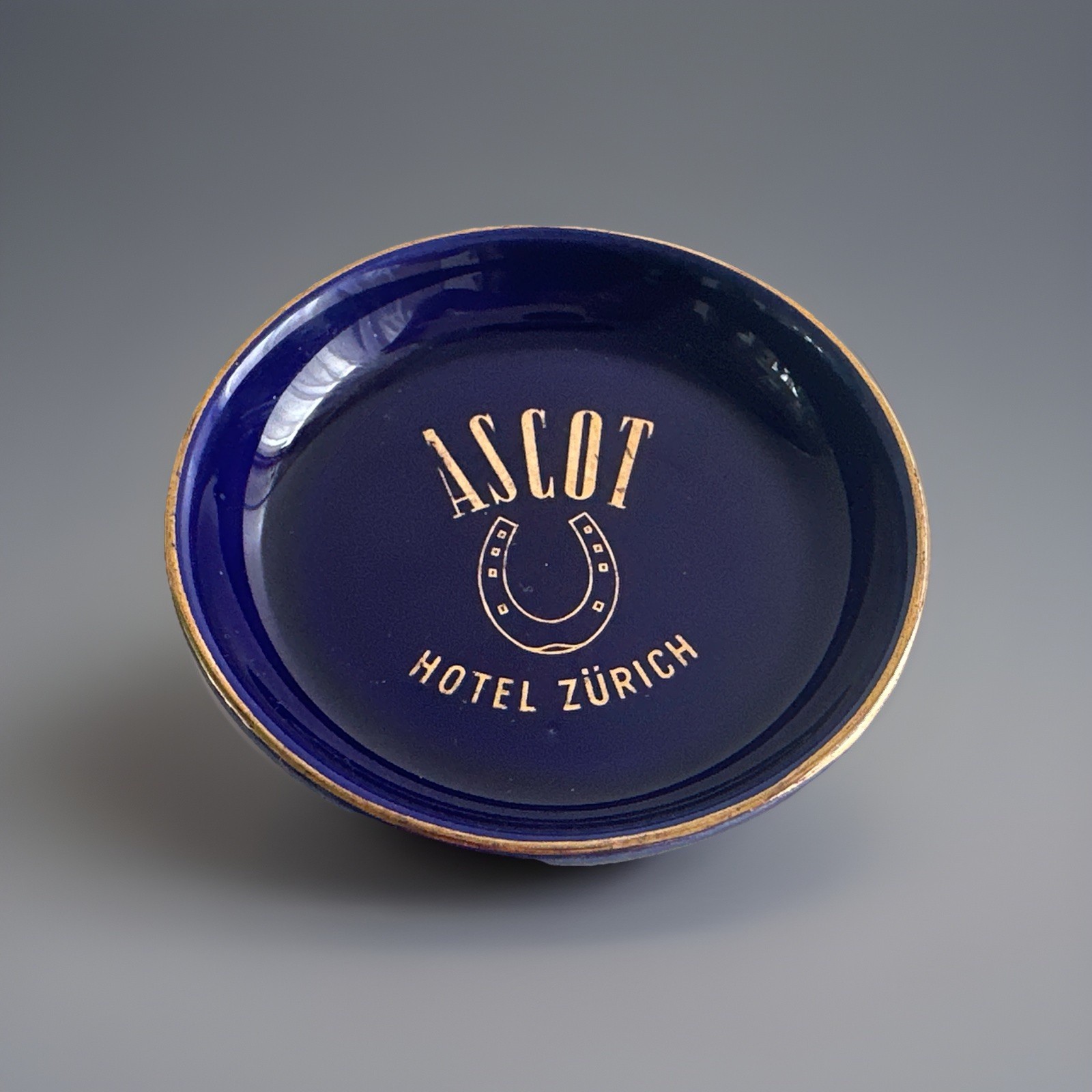 Vintage Ascot Hotel Zurich Ashtray Fuhrmann Neuchatel Cobalt Blue Gold 3.25\ Vintage Ascot Hotel Zurich Ashtray Fuhrmann Neuchatel Cobalt Blue Gold 3.25\