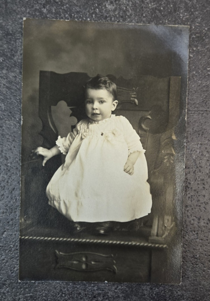 Vintage 1914 RPPC B&W Children Kid Posing on Chair Portrait Postcard
