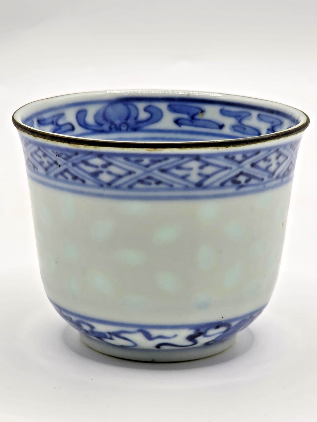 Vintage Chinese Jingdezhen Zhi Blue White Celadon Porcelain Tea Cup Shrimp Lotus