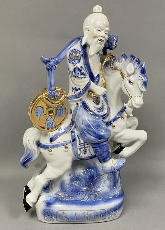 Vintage Chinese Blue White Gilt Porcelain Sage Immortal Riding Horse Statue 16.5