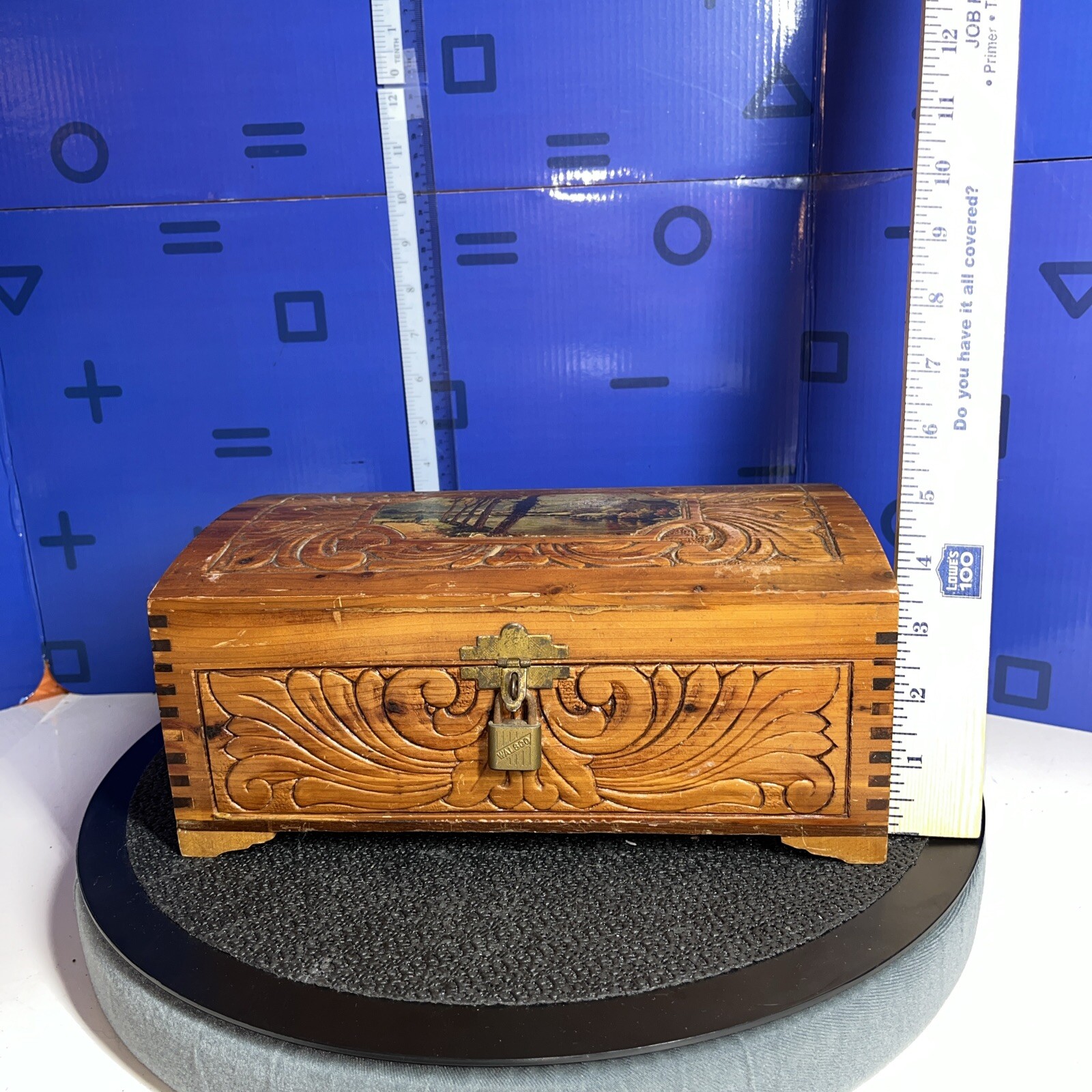 Vintge wood trunk, box jewelry, trinket mirrored lid, scene on top Vintge wood trunk, box jewelry, trinket mirrored lid, scene on top