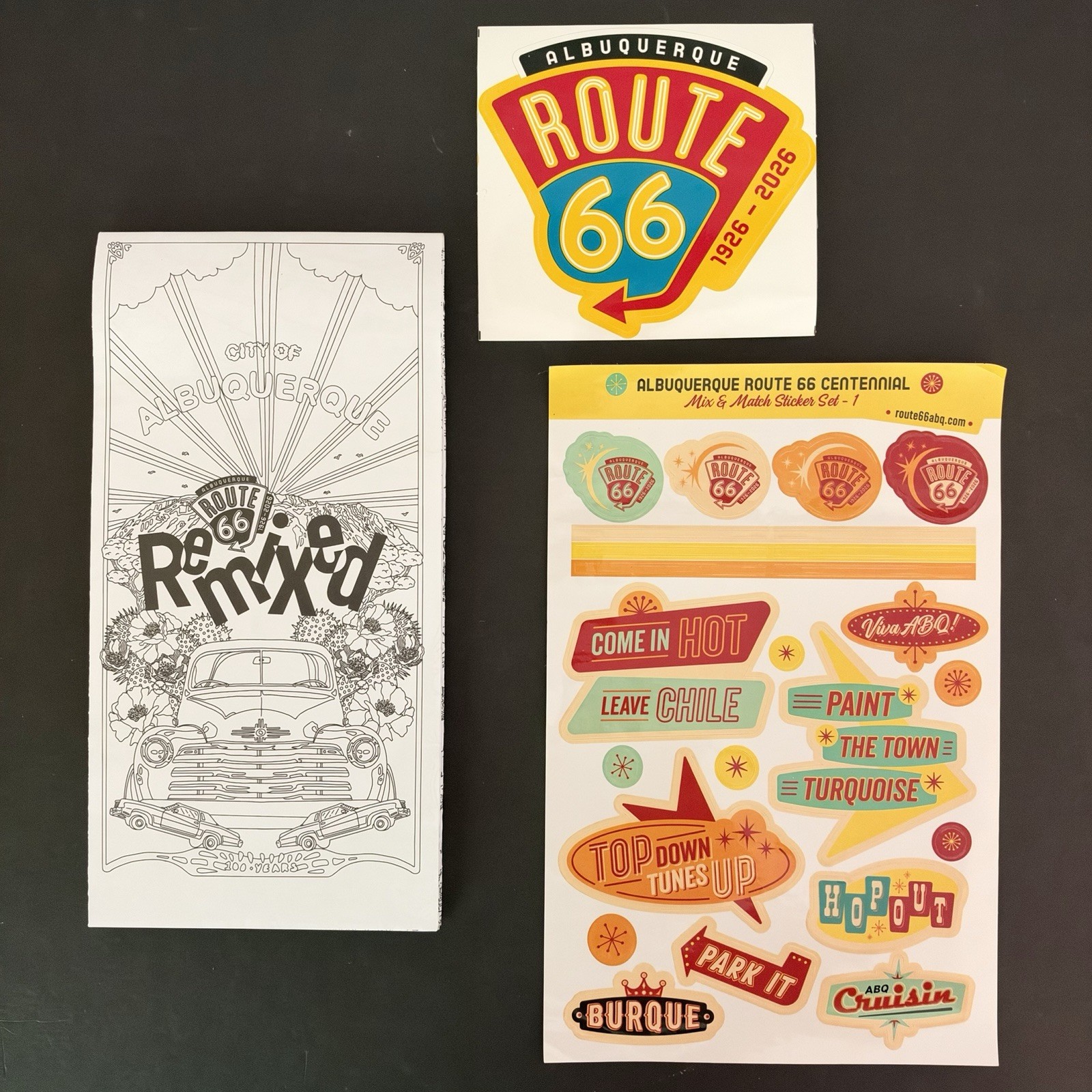 *Lot of 3* ROUTE 66 REMIX Albuquerque NM CENTENNIAL Stickers & Art Site Map