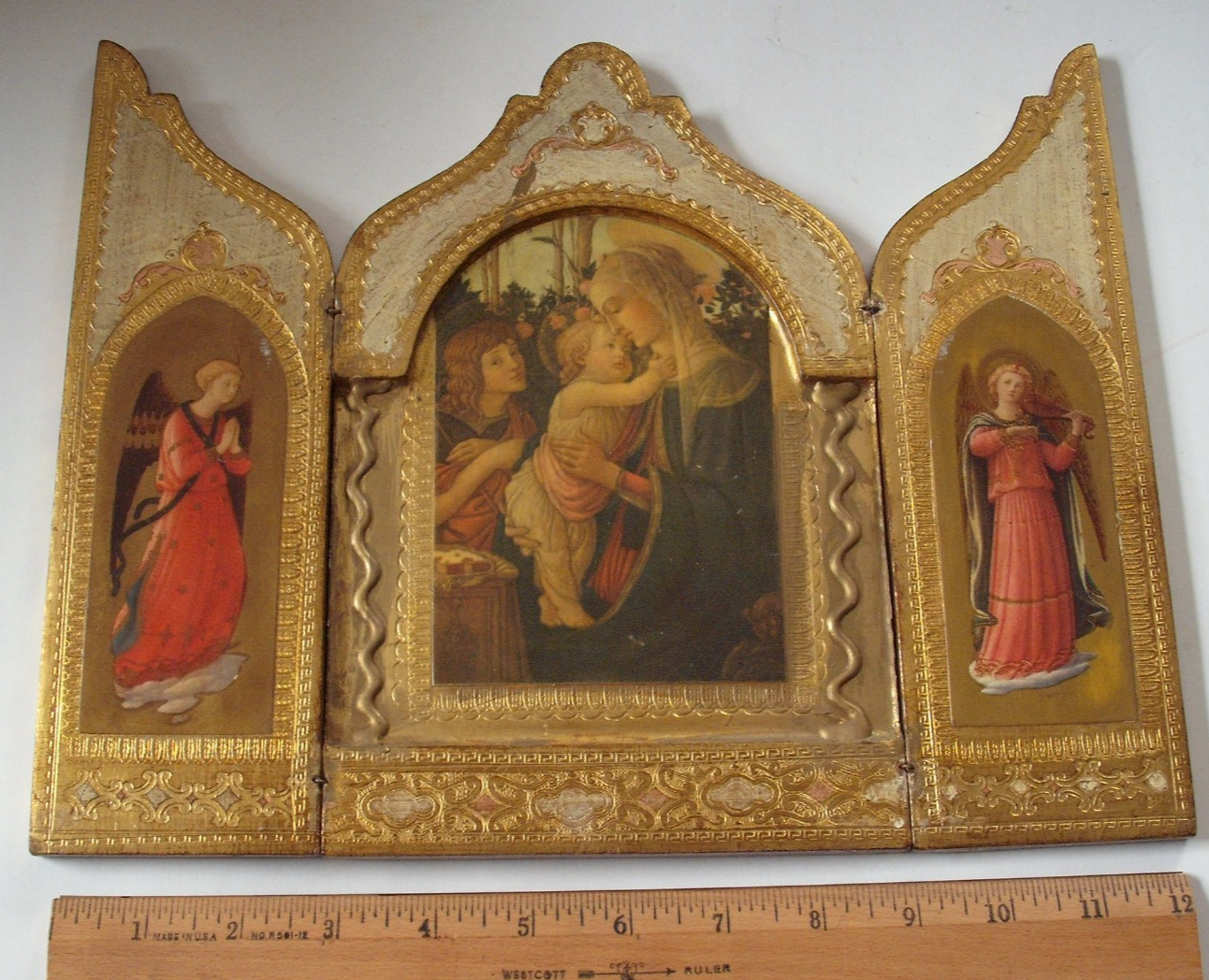 Vintage Italian Florentine Folding 3 Panel Religious Triptych, Madonna & Child Vintage Italian Florentine Folding 3 Panel Religious Triptych, Madonna & Child