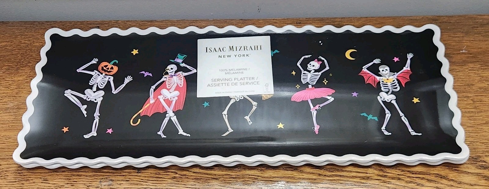 Isaac Mizrahi Halloween Costumed Skeletons Dance Melamine Serving Tray 19x8\
