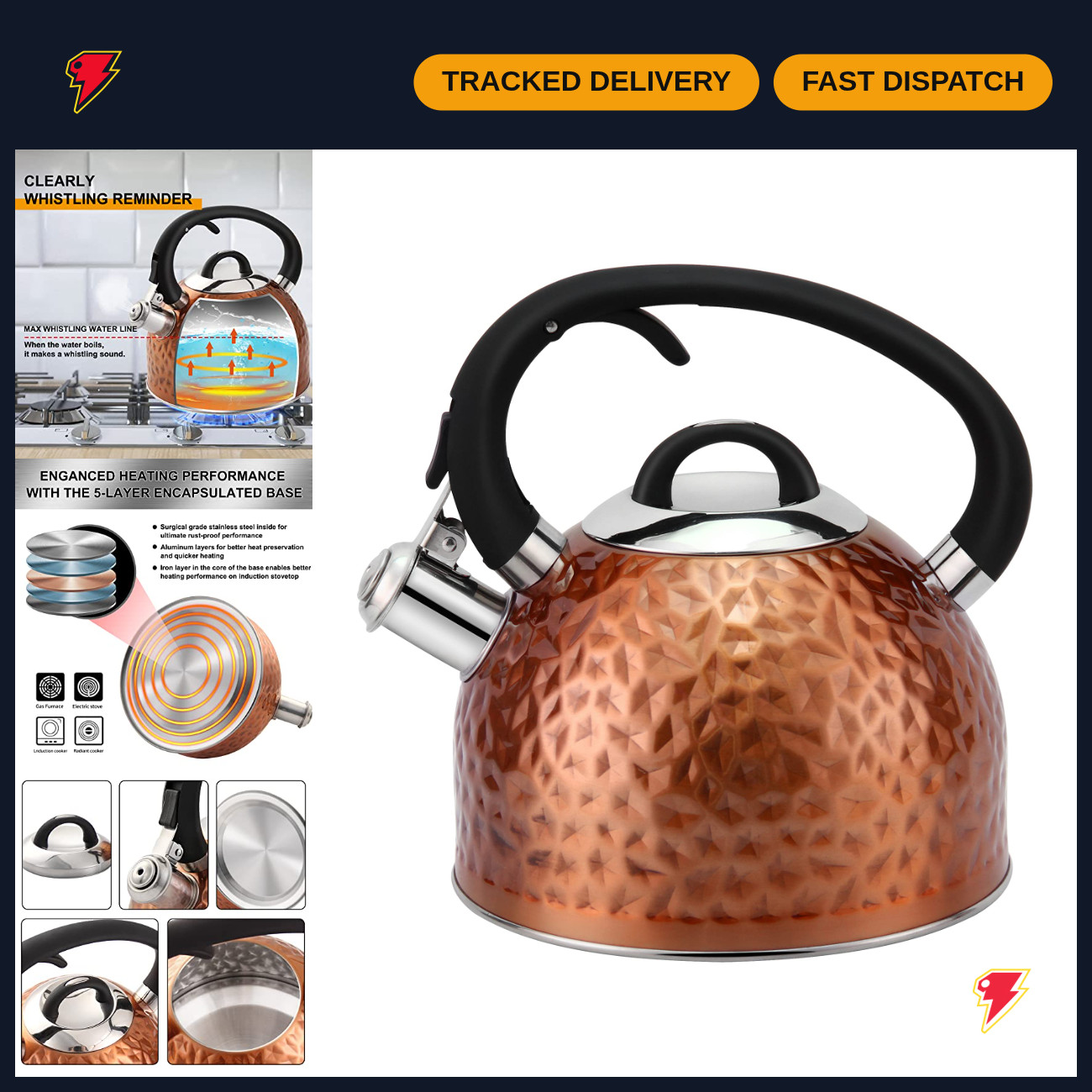 Whistling Copper Tea Kettle 3.2 Quart Stainless Steel Teapot with Unique Button