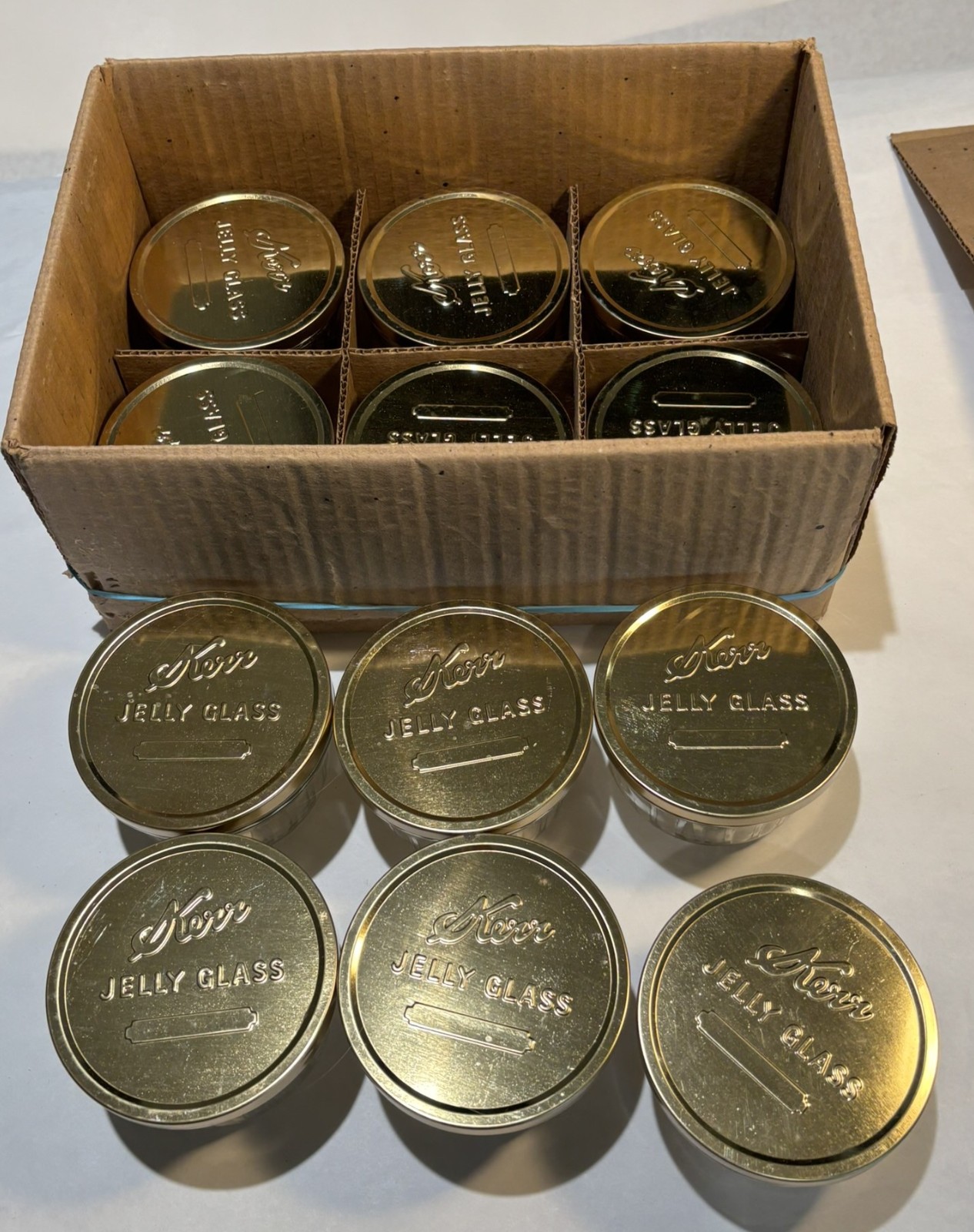 12 Vtg Kerr Jelly Glasses No 112 1/2 Pt Squat Fluted Ribbed Glass Box Jars Lids