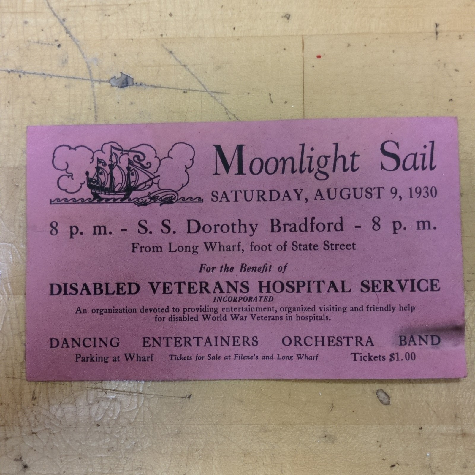S.S. Dorothy Bradford Moonlight Sail 1930 Ticket - Disabled Veterans Hospital