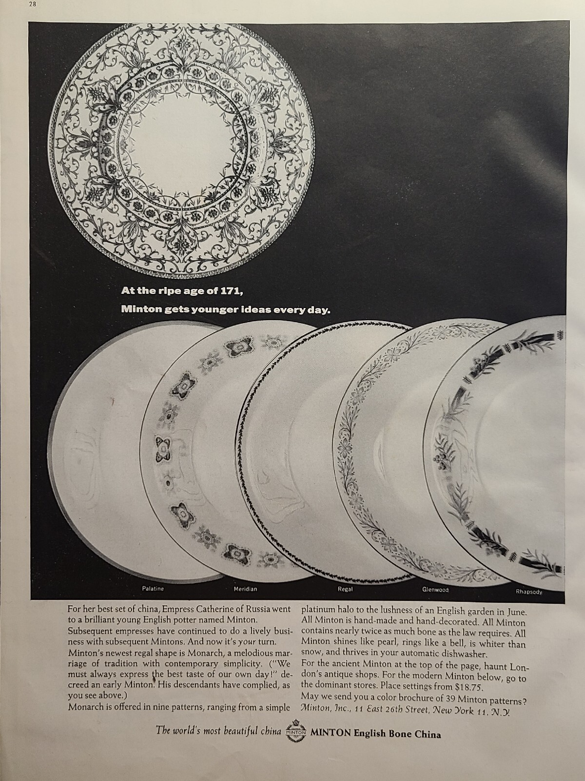 Minton English Bone China Palatine Meridian Glenwood Regal Vintage Print Ad 1964