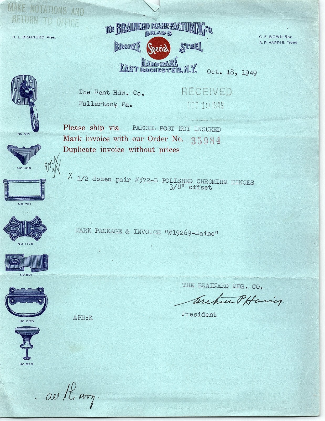 1949 EAST ROCHESTER NY THE BRAINERD MANUFACTURING CO LETTERHEAD BILLHEAD Z7022 1949 EAST ROCHESTER NY THE BRAINERD MANUFACTURING CO LETTERHEAD BILLHEAD Z7022