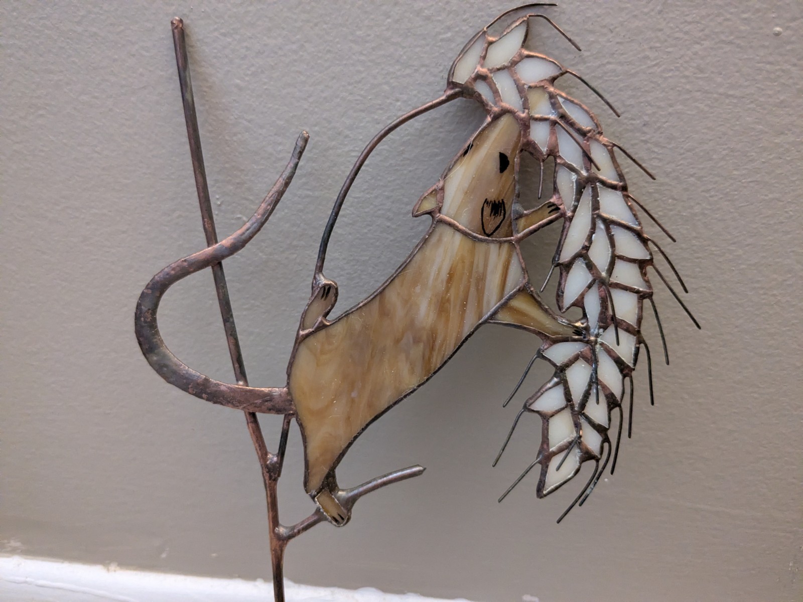 Stained Glass Field Mouse on Copper Wheat Stalk