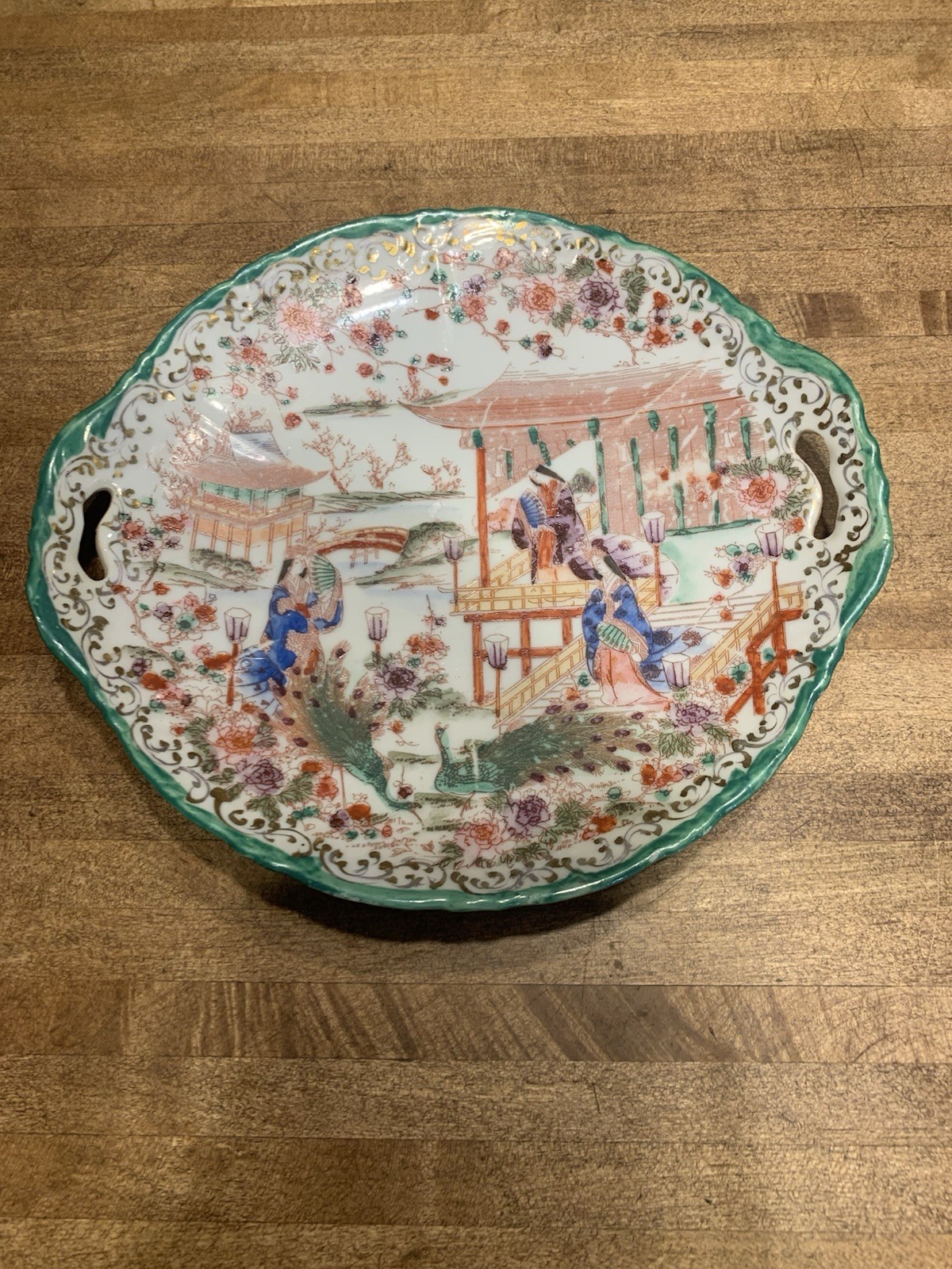 Antique Japanese Chinoiserie Hand Painted Traditional Geisha Girl & Pagoda Plate