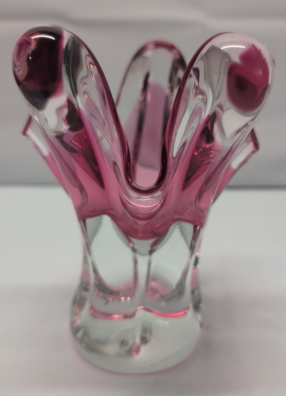 Art Glass Vase Cranberry & Clear Cased Heavy Thick 7