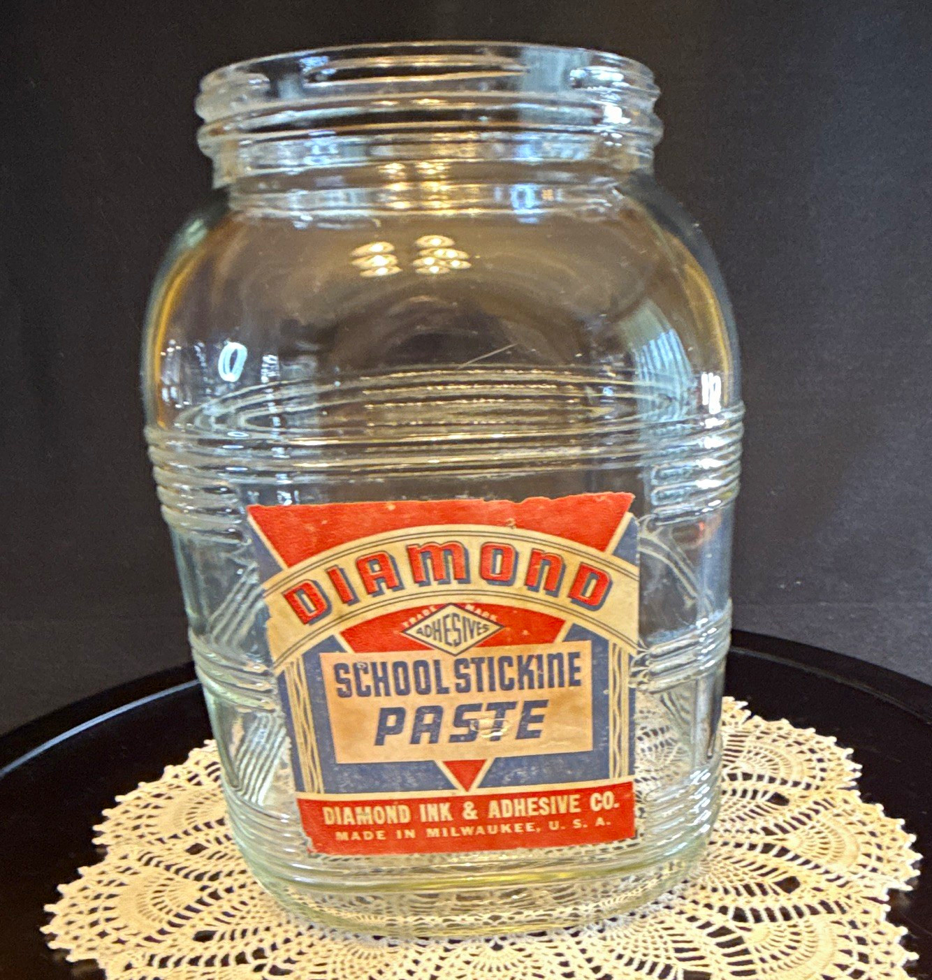 Hazel Atlas Diamond School Stickine Paste Clear Glass Jar w/ Original Label
