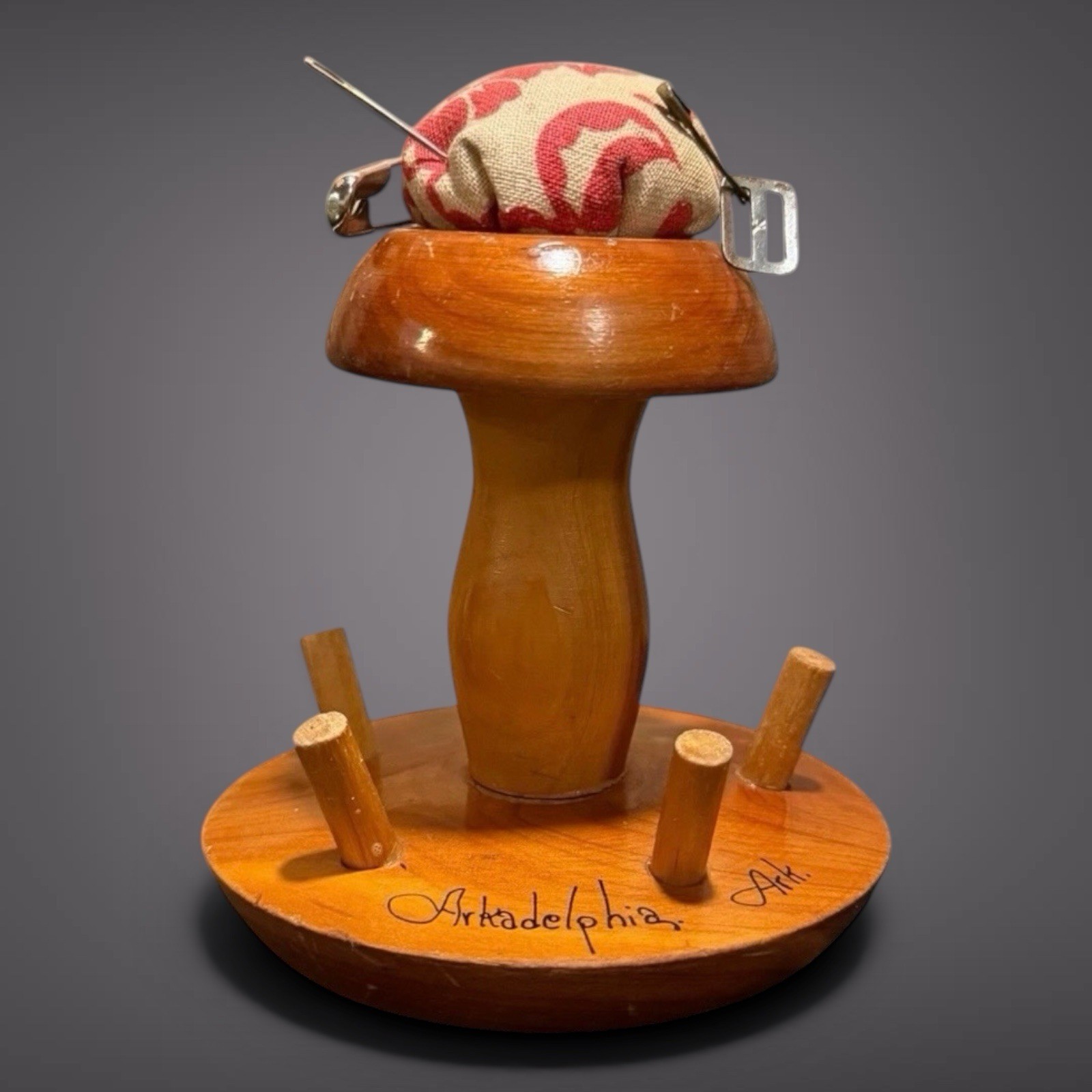 VTG Wooden Mushroom Pin Cushion Spool Holder Arkadelphia AR Folk Art Grandmacore