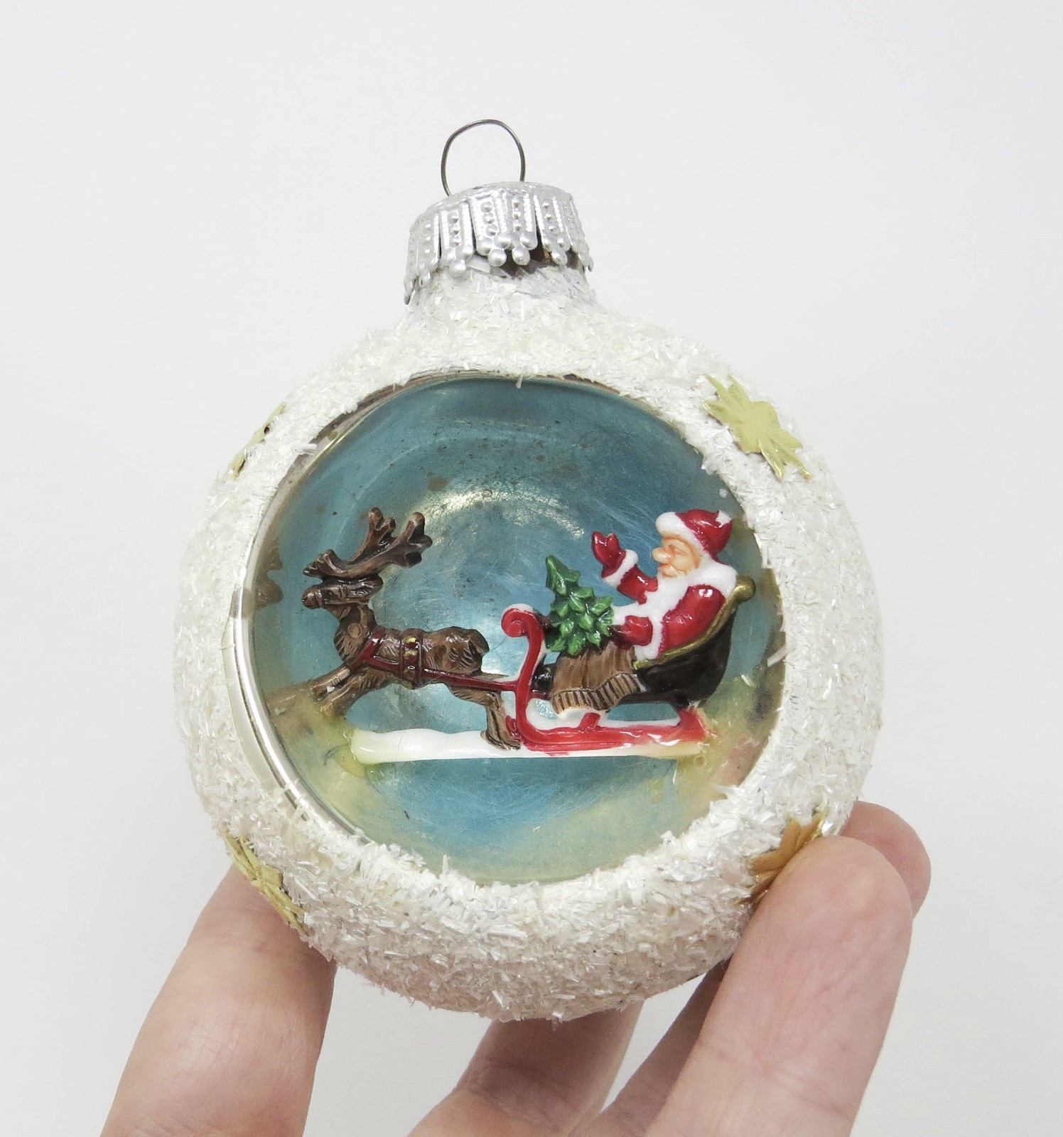 Jumbo Vtg Hand Blown Santa Claus & Sleigh Diorama Ornament ~ West Germany ~ 3