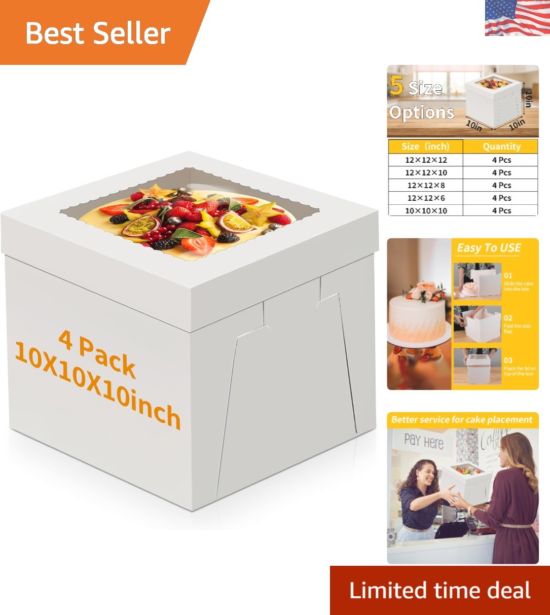 Elegant 10-Inch Cake Boxes - 4 Pack Recyclable Carrier with Clear Display Window Elegant 10-Inch Cake Boxes - 4 Pack Recyclable Carrier with Clear Display Window