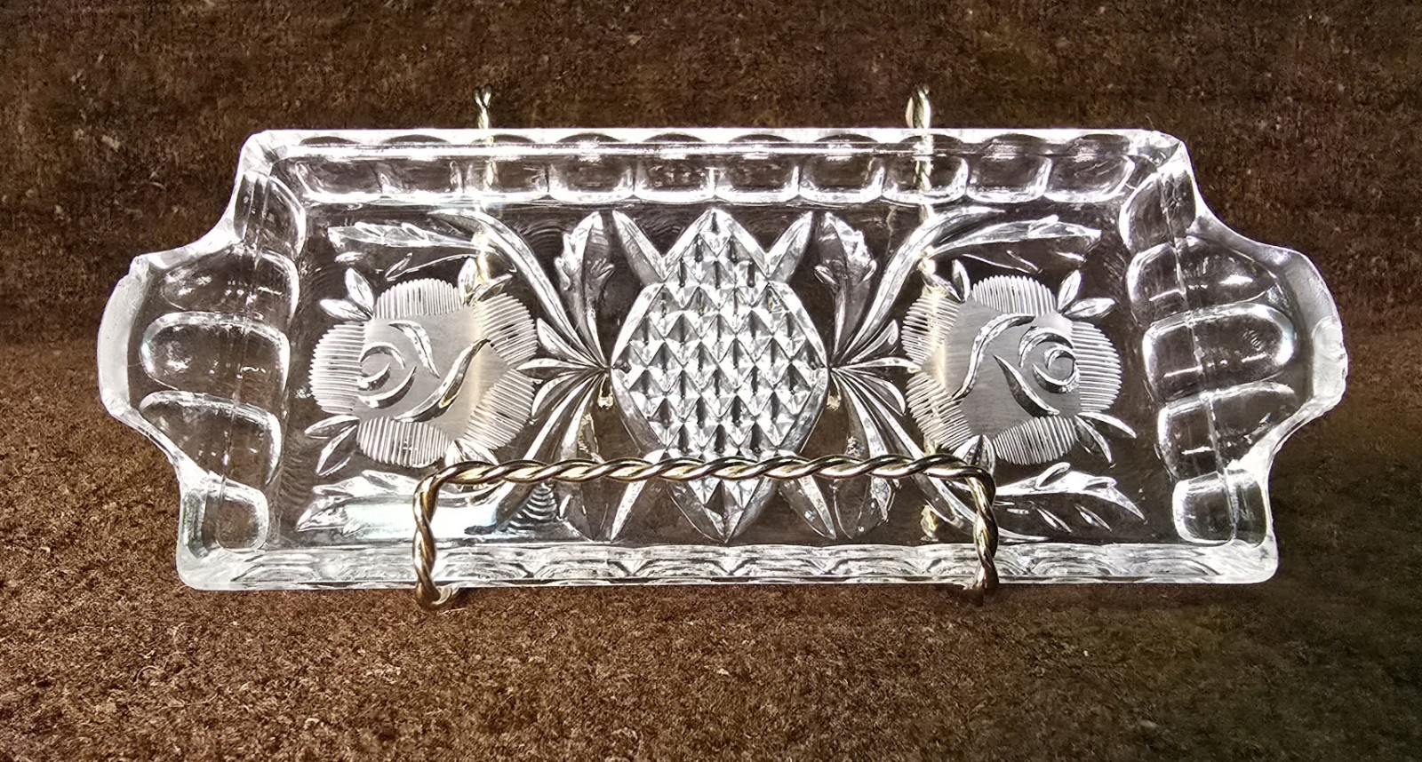Vintage Pressed Glass Relish Tray Floral Diamond Pattern Rectangular 8.25