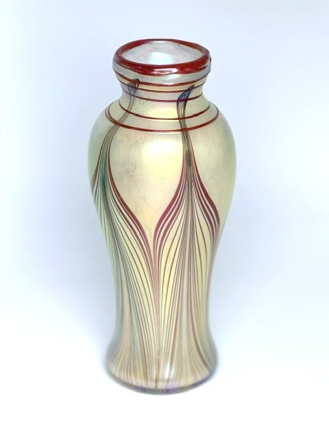 Gold Luster Vase With Red Pulled Feather Design.  by Saul Alcaraz