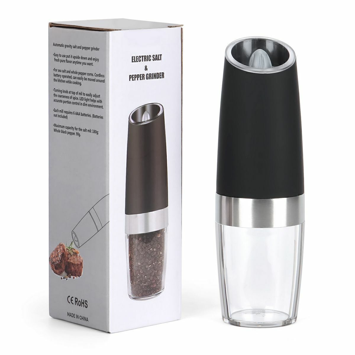 1-2Pack Gravity Electric Pepper Salt Grinder Set with LED Light Stainless Steel 1-2Pack Gravity Electric Pepper Salt Grinder Set with LED Light Stainless Steel