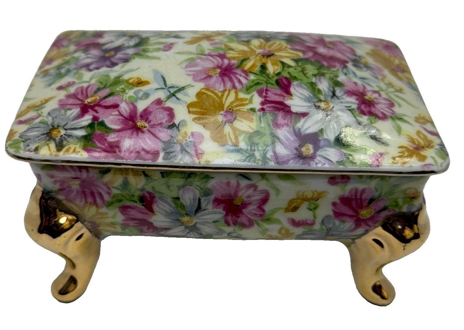 Porcelain Chintz Floral Footed  Vanity Trinket Box