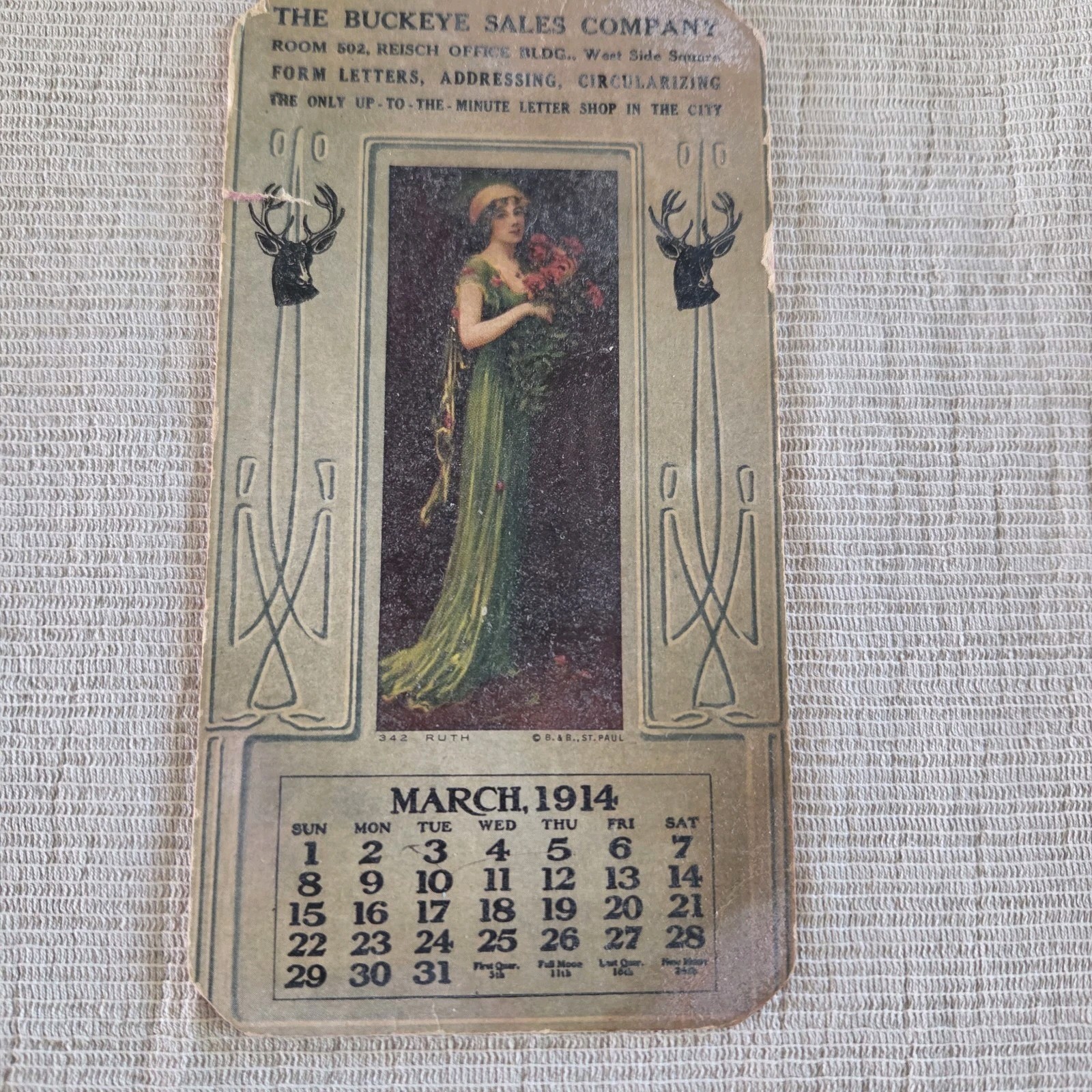 The Buckeye Sales Co Art Nouveau Small Advertising Calendar March 1914 Buck Head