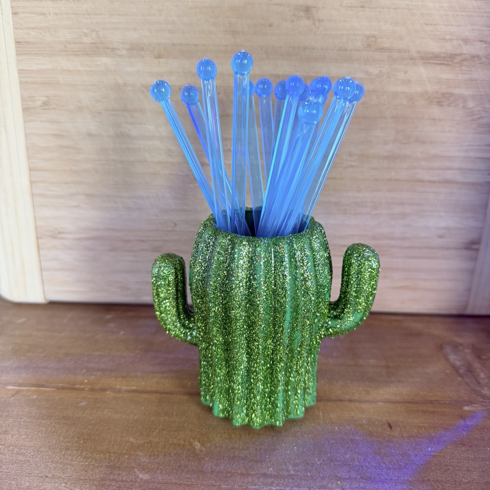 Glittered Cactus Stir Swizzle Sticks Set Pink Purple Blue Gift *Handmade* NEW