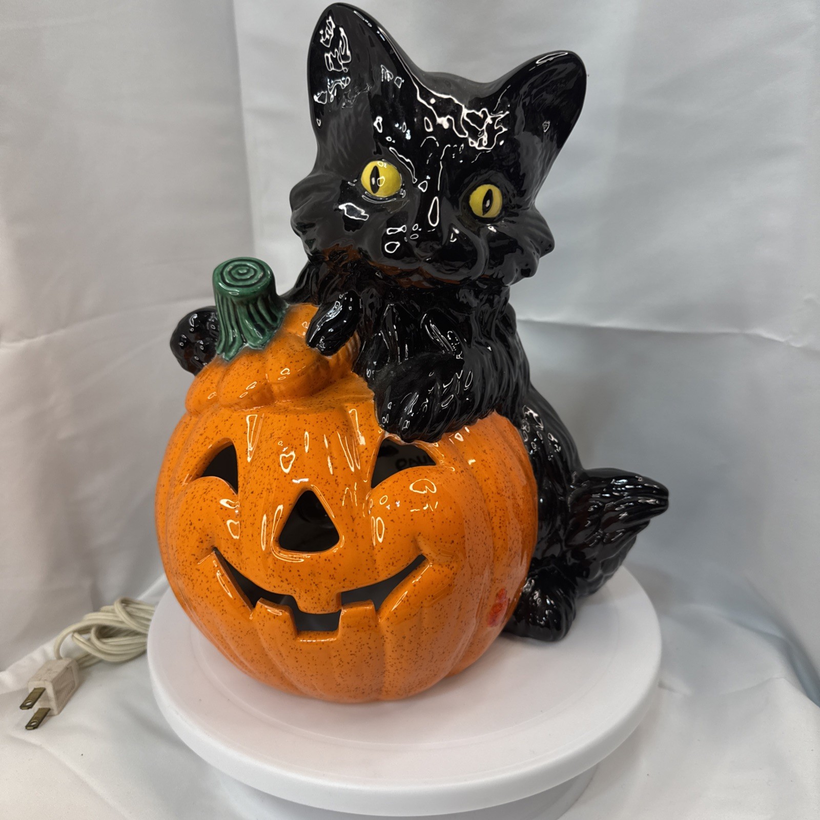VTG 70s Lighted Ceramic Halloween Black Cat & Happy Jack O’Lantern-12”