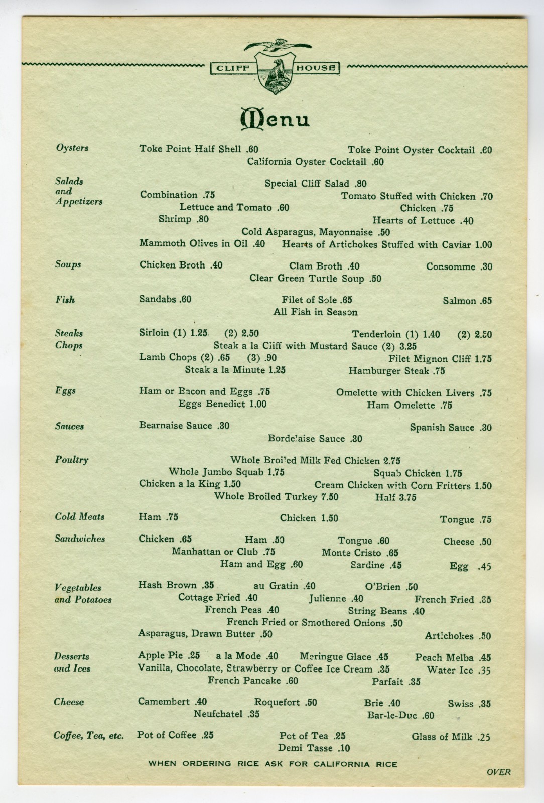 c.1920s SAN FRANCISCO CLIFF HOUSE at SEAL ROCKS~RARE ANTIQUE RESTAURANT MENU