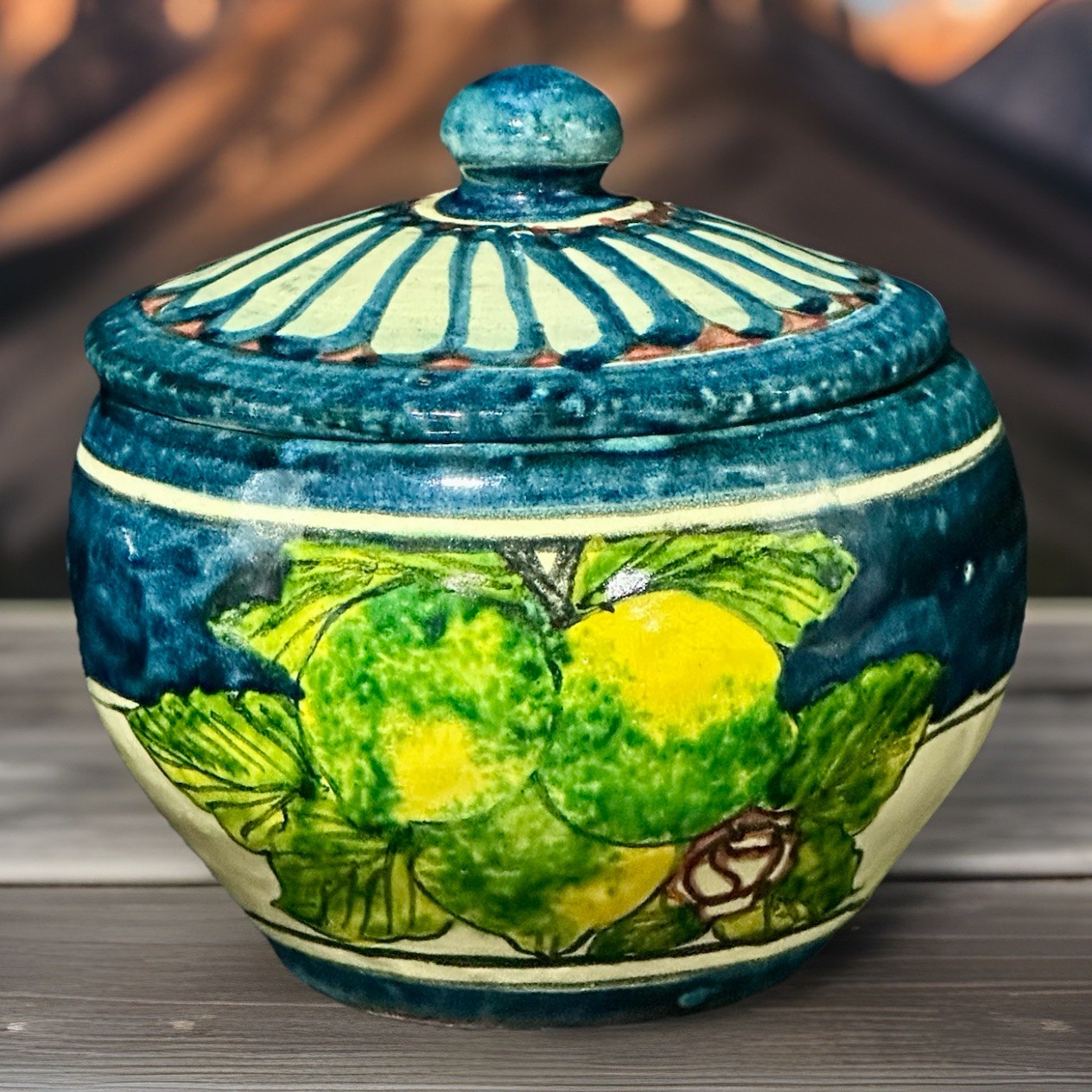 Vintage Casal Mexico Majolica Handpainted Lidded Jar 5” Tall Fruit Motif *