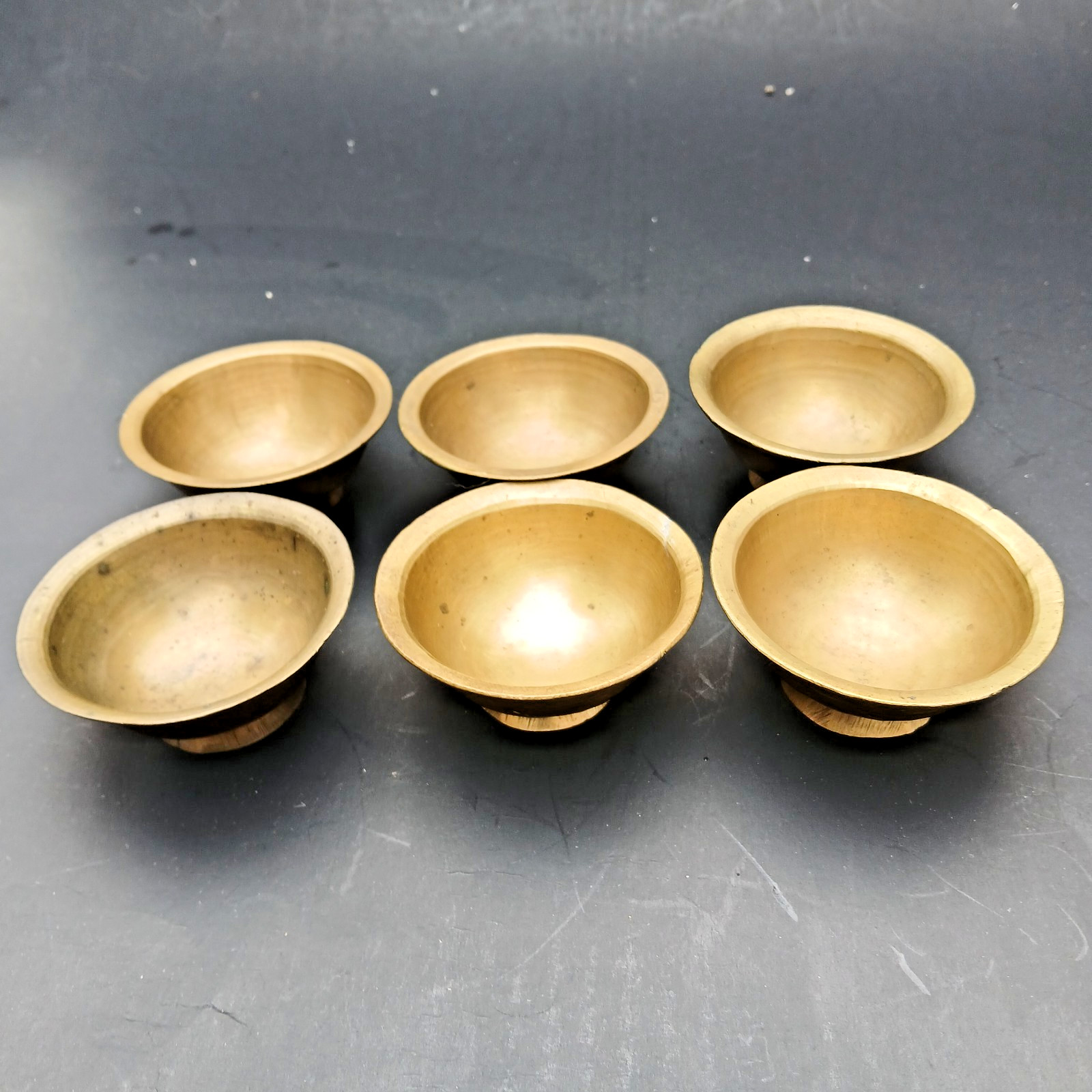 Vintage  Chinese Brass Offering Alter Bowls Hand-etched 2 in wide Set of 6