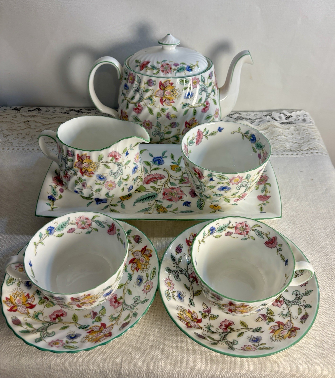 Vintage 9 Pc Minton Haddon Hall Teapot Cream & Sugar Tray 2 Teacups & Saucers