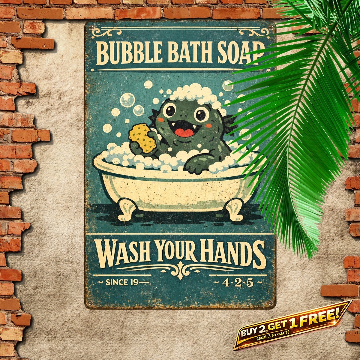 Godzilla Washing With Soap Metal Sign Funny Bathroom Restroom Decor