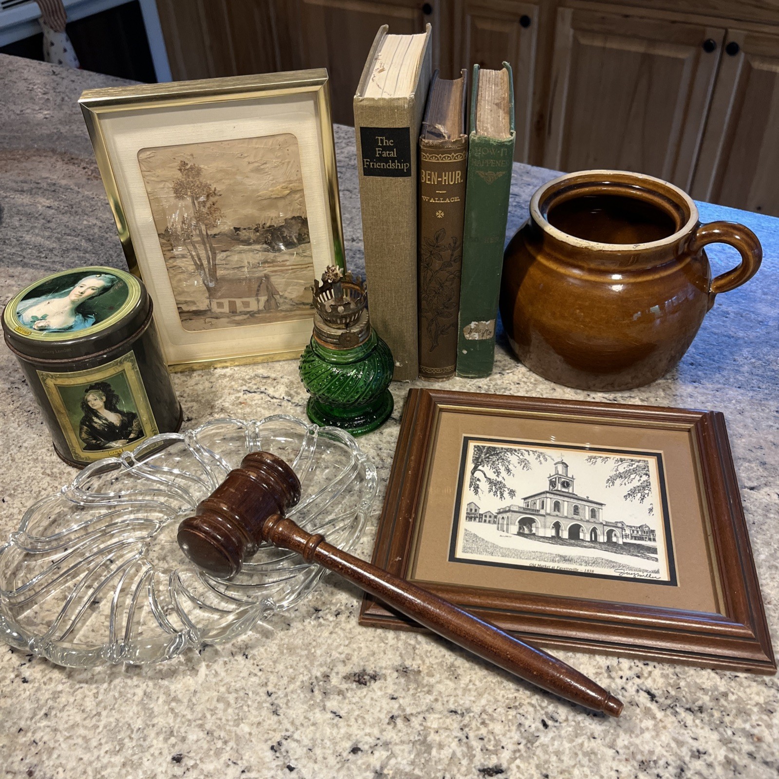 10 Piece Vintage Antique Shelf Styling Decor Lot  Books Framed Photos Crystal