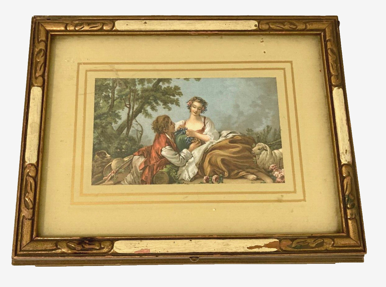 Vtg Italian Florentine Couple Gold Wood Jewelry Box Glass Mirror 3.25