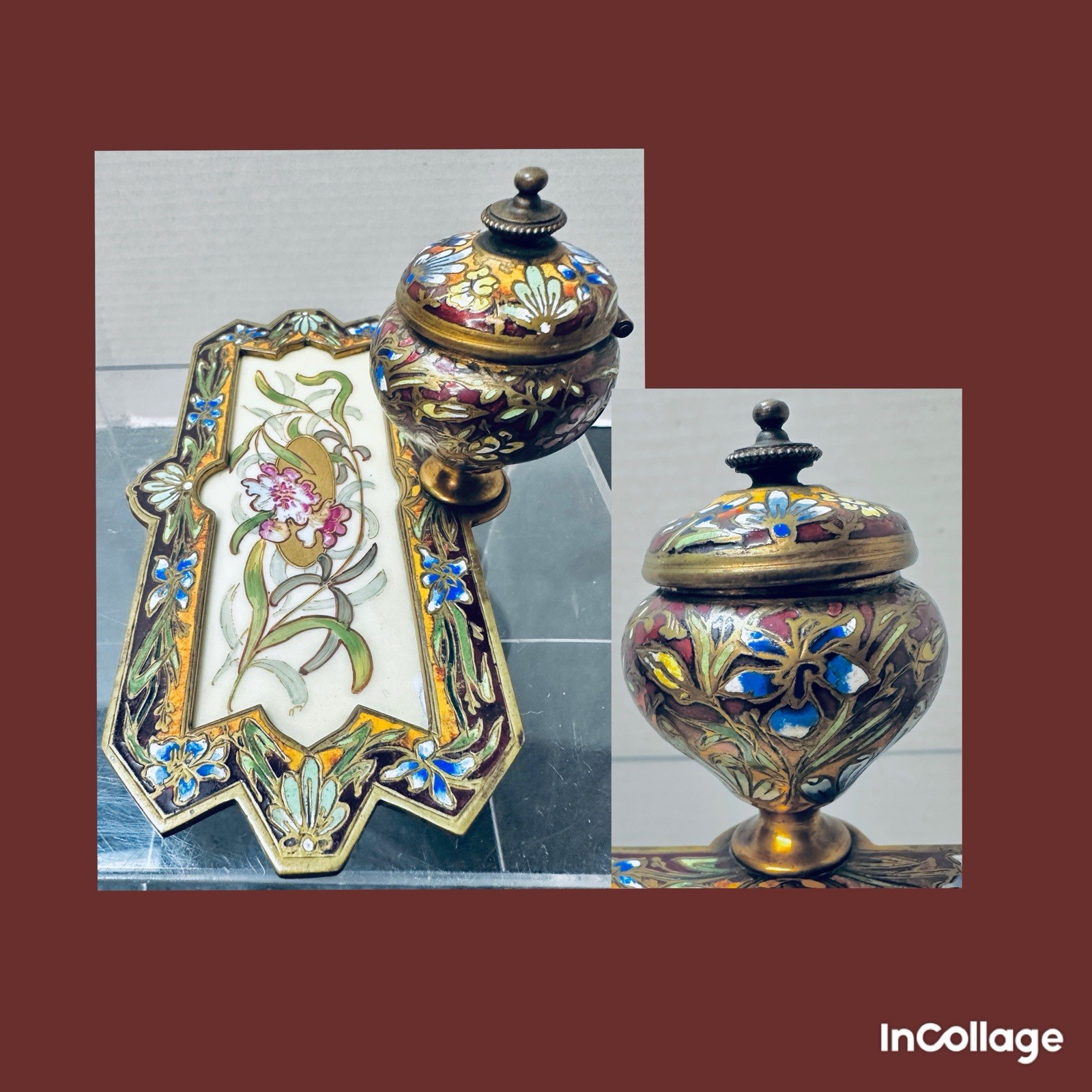 Antique French Champleve Enamel Inkwell Pen Tray 19th C Painted Floral Plaque 