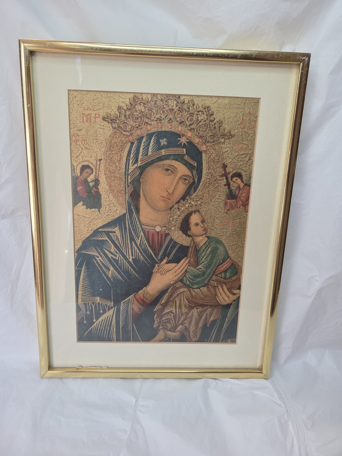 Vintage Framed Our Lady of Perpetual Help Textured Icon Print Mid-Century Art